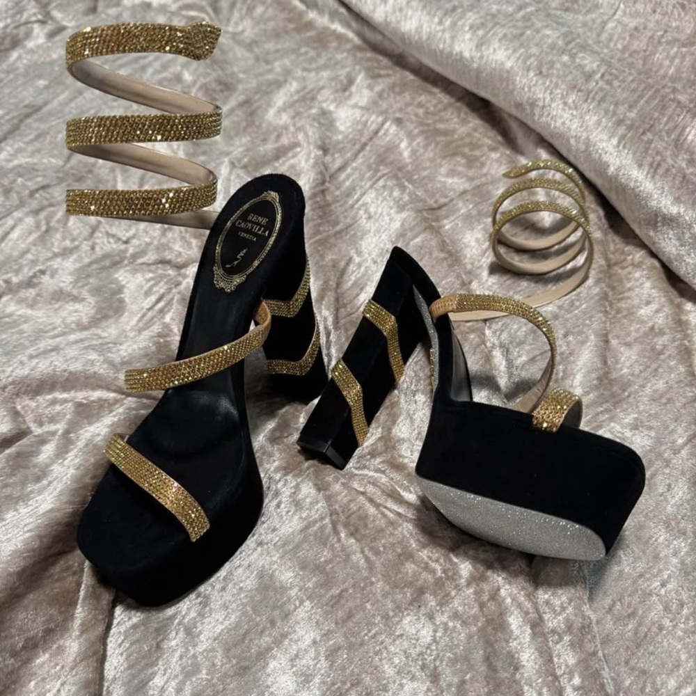 Rene Caovilla Black and Gold Strappy Platform Cleo Heels